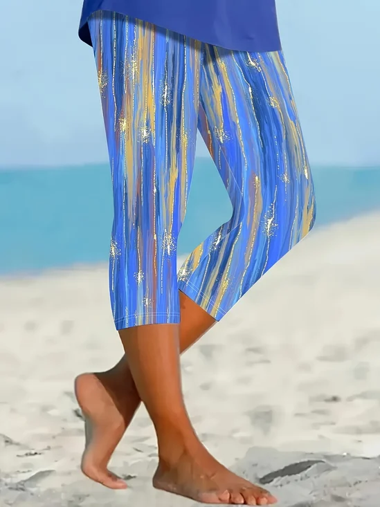 Women Abstract Capris Elastic Waist Pants Casual Summer Trousers