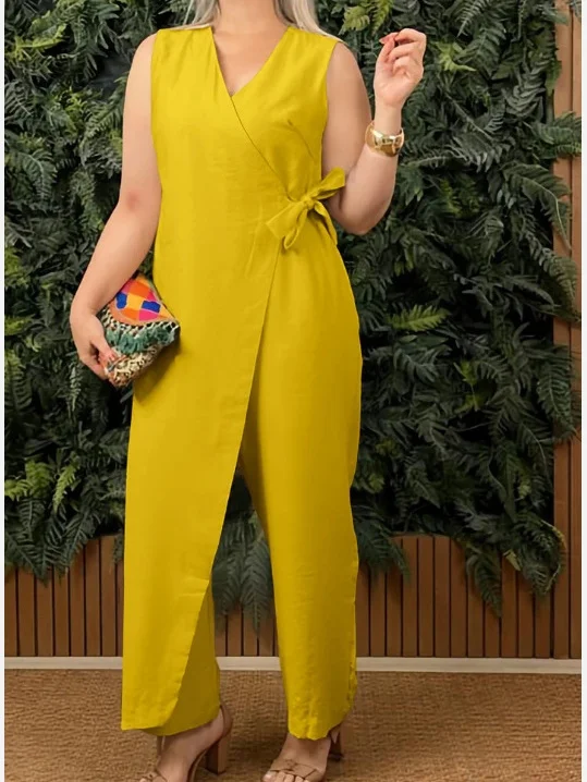 Women Plain V Neck Half Sleeve Casual Summer Cotton Jumpsuit