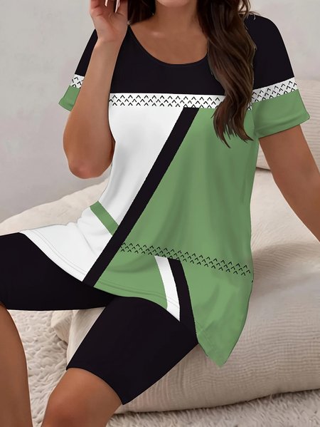 Women Abstract Printing Two-Piece Set Daily Short Sleeve Casual Summer Top With Pants Matching Set