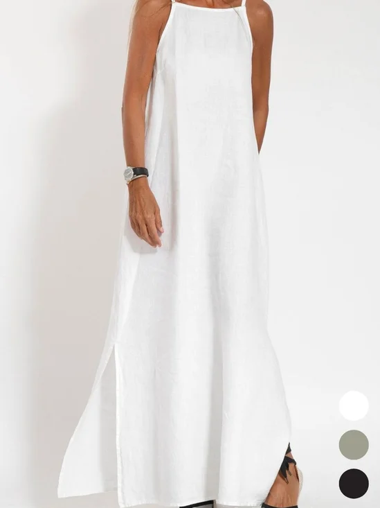 Women Plain Sleeveless Summer Split Joint Dress Crew Neck Daily Vintage Maxi Tank A-Line Dress