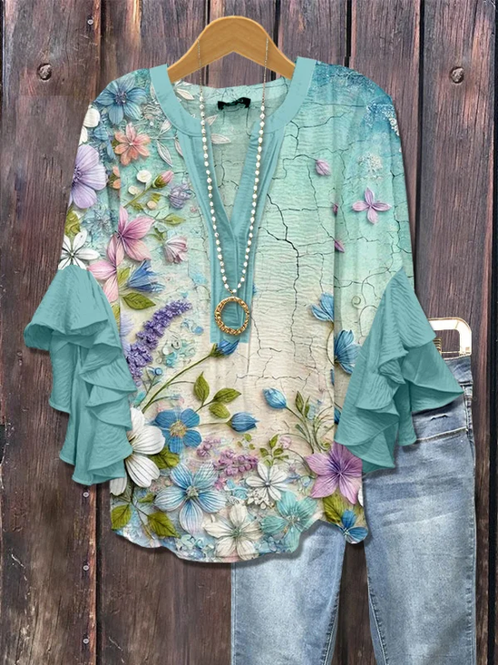 Women Floral Half Sleeve Shirt Summer Printing V Neck Daily Casual Top