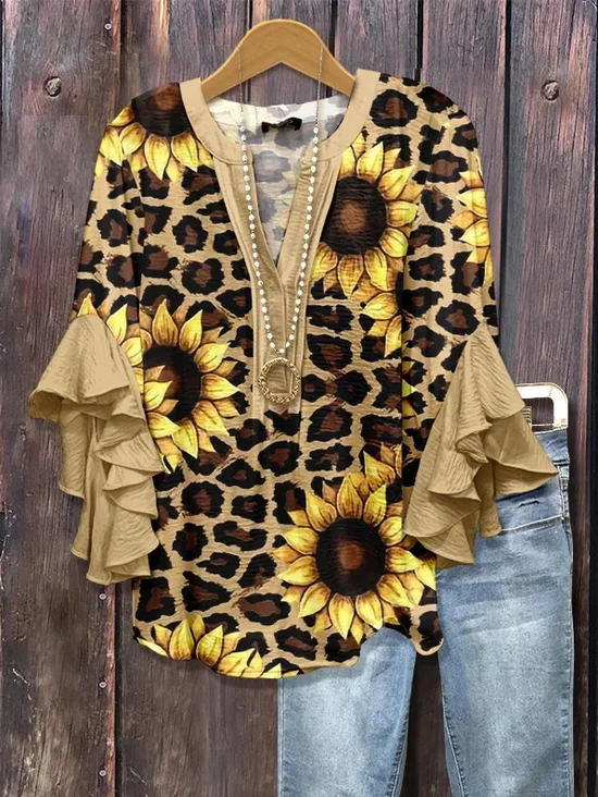 Women Leopard Half Sleeve Shirt Summer Printing V Neck Daily Casual Top