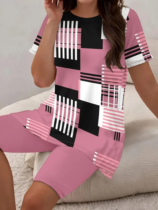 Women Abstract Stripes Printing Two-Piece Set Daily Short Sleeve Casual Summer Top With Pants Matching Set