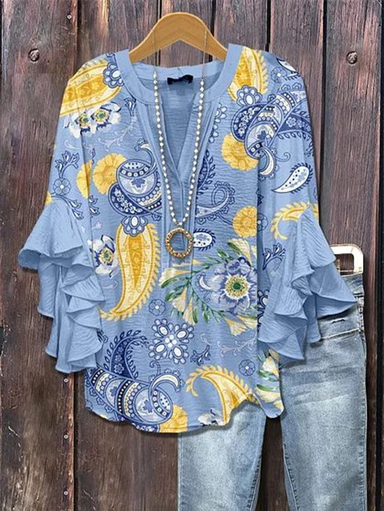 Women Floral Half Sleeve Shirt Summer Printing V Neck Daily Casual Top