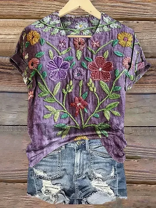 Women Floral Short Sleeve Tee T-shirt V Neck Printing Casual Summer Graphic Tee Top