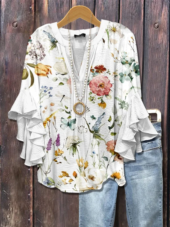 Women Floral Half Sleeve Shirt Summer Printing V Neck Daily Casual Top