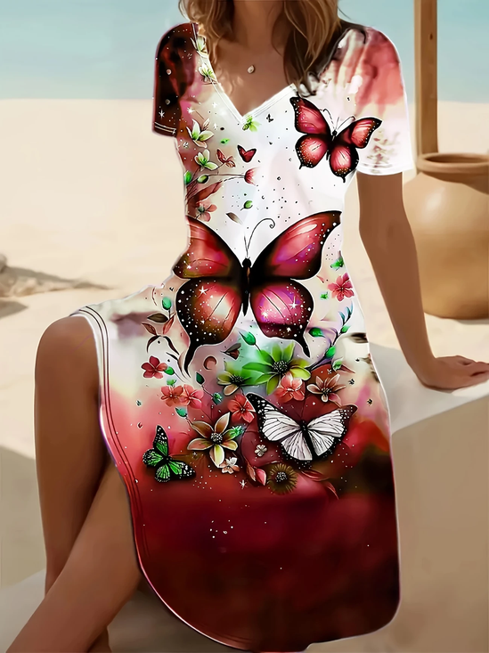Women Floral Short Sleeve Summer Printing Dress V Neck Daily Casual Midi Fit & Flare Dress A-Line Dress