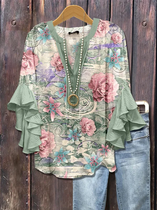 Women Floral Half Sleeve Shirt Summer Printing V Neck Daily Casual Top