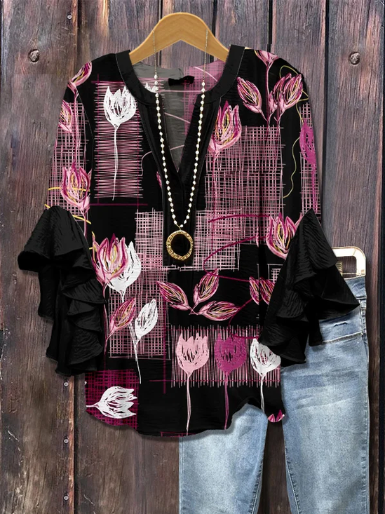 Women Floral Half Sleeve Shirt Summer Printing V Neck Daily Casual Top