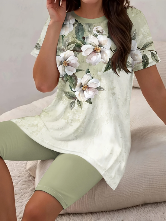 Women Floral Printing Two-Piece Set Daily Short Sleeve Casual Summer Top With Pants Matching Set