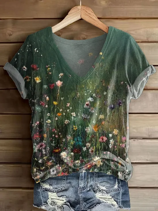Women Floral Short Sleeve Tee T-shirt V Neck Printing Casual Summer Graphic Tee Top