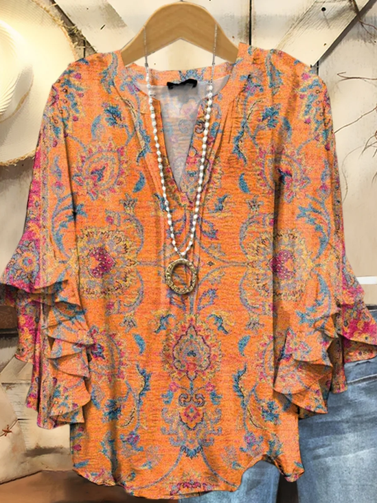 Women Floral Half Sleeve Shirt Summer Printing V Neck Daily Casual Top