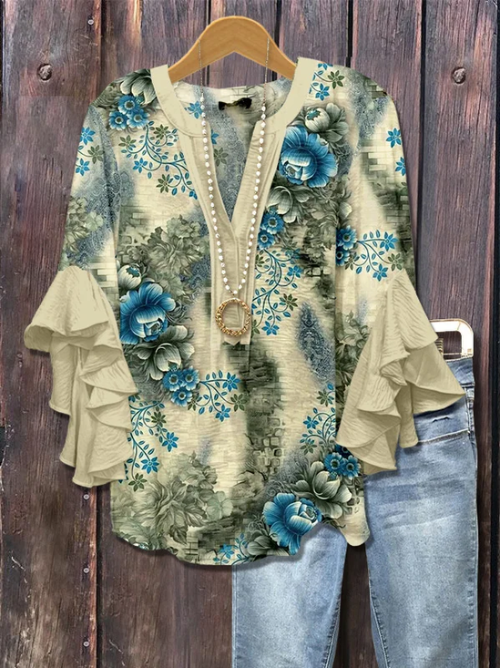 Women Floral Half Sleeve Shirt Summer Printing V Neck Daily Casual Top