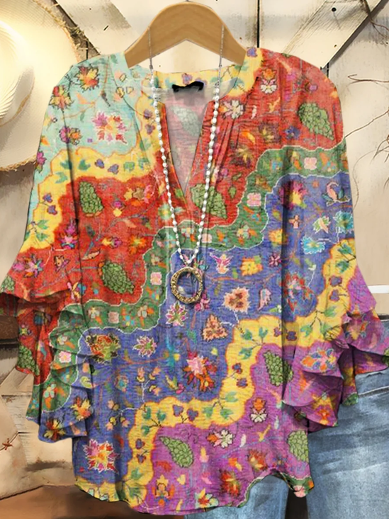 Women Floral Half Sleeve Shirt Summer Printing V Neck Daily Casual Top