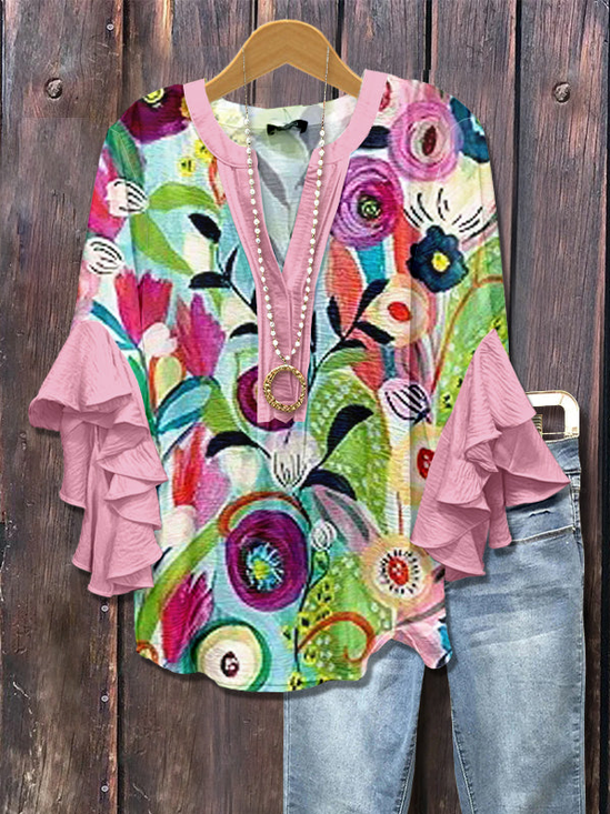 Women Floral Half Sleeve Shirt Summer Printing V Neck Daily Casual Top
