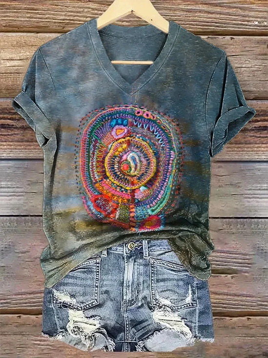 Women Abstract Short Sleeve Tee T-shirt V Neck Printing Casual Summer Graphic Tee Top