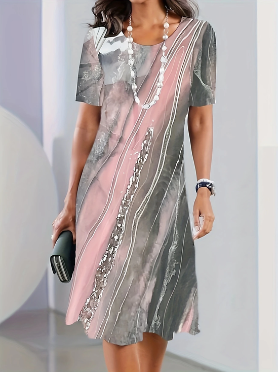 Women Abstract Short Sleeve Summer Printing Dress Crew Neck Daily Vintage Midi Tunic H-Line Dress