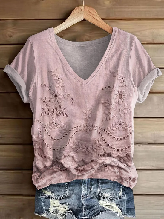 Women Floral Short Sleeve Tee T-shirt V Neck Printing Casual Summer Graphic Tee Top