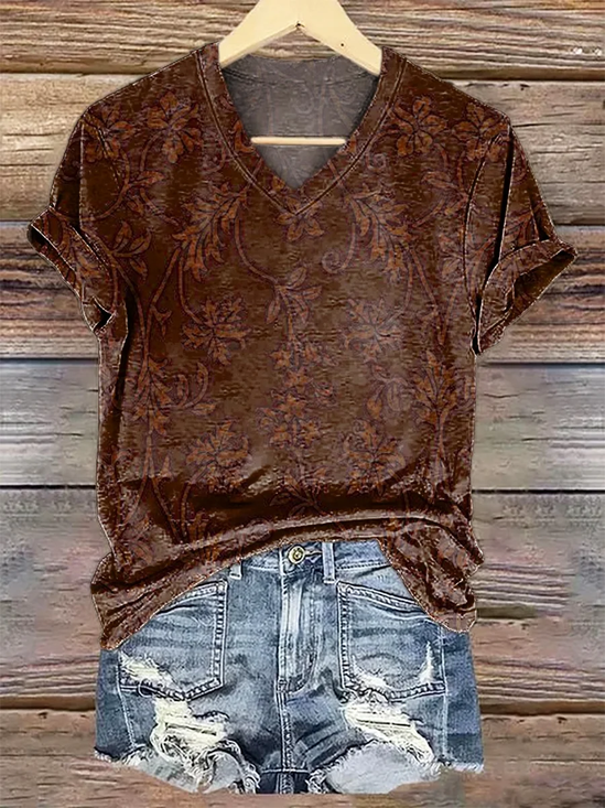 Women Floral Short Sleeve Tee T-shirt V Neck Printing Casual Summer Graphic Tee Top