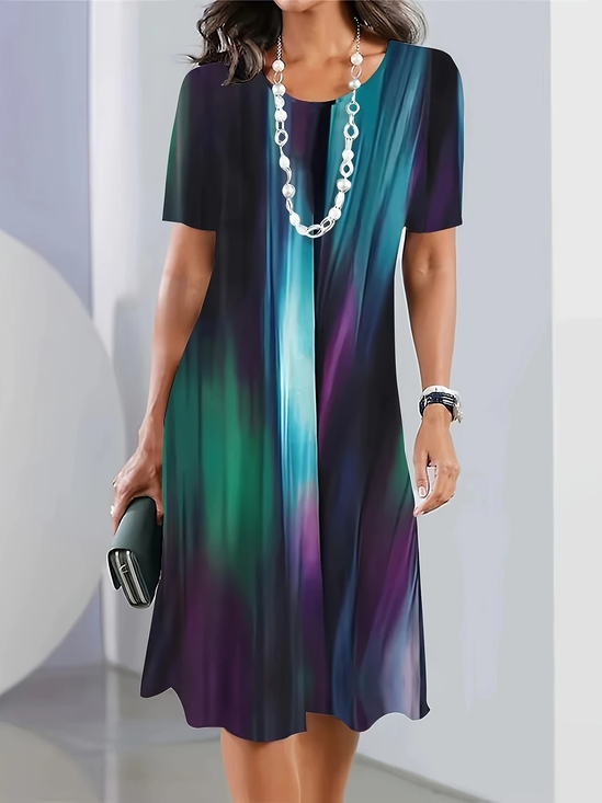 Women Abstract Short Sleeve Summer Printing Dress Crew Neck Daily Vintage Midi Tunic H-Line Dress