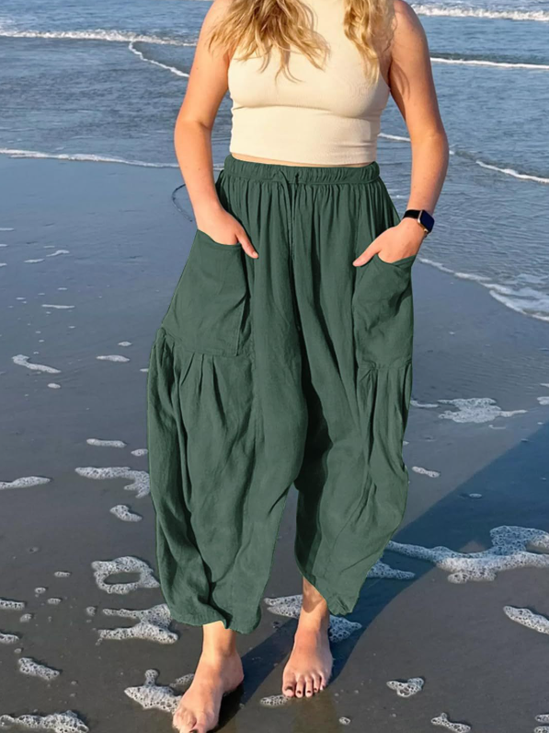 Women Plain Long Elastic Waist Pants Casual Spring/Fall Trousers