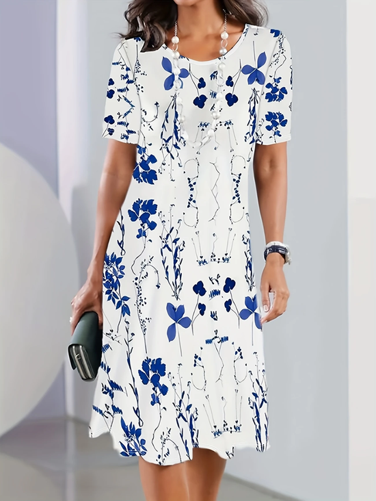 Women Floral Short Sleeve Summer Printing Dress Crew Neck Daily Vintage Midi Tunic H-Line Dress