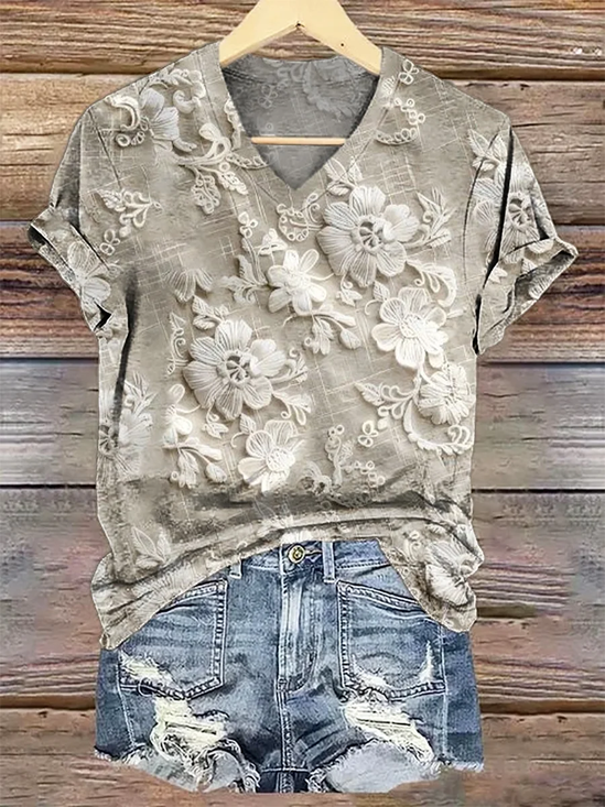 Women Floral Short Sleeve Tee T-shirt V Neck Printing Casual Summer Graphic Tee Top