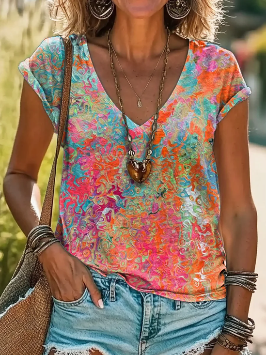 Women Abstract Short Sleeve Tee T-shirt V Neck Printing Casual Summer Graphic Tee Top