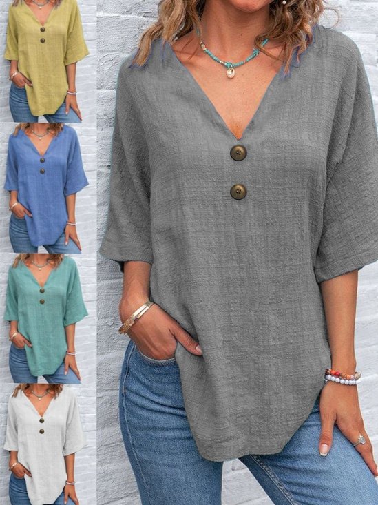 Women Plain Half Sleeve Blouse Summer V Neck Daily Vintage Top