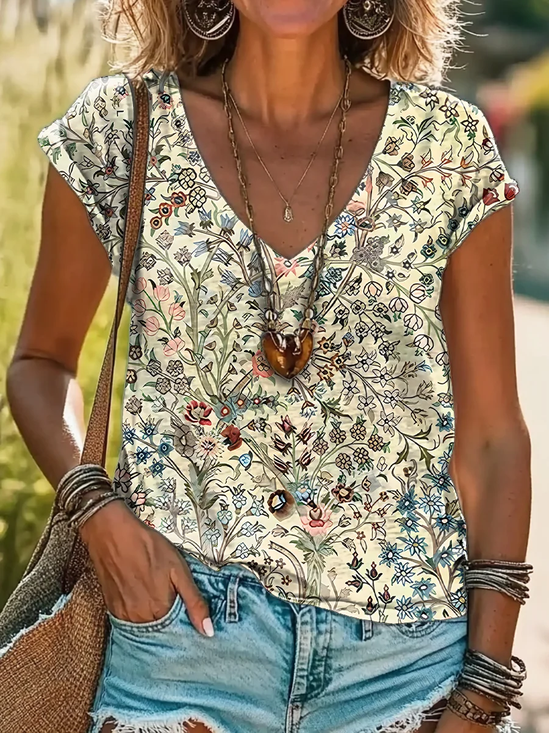 Women Floral Short Sleeve Tee T-shirt V Neck Printing Casual Summer Graphic Tee Top