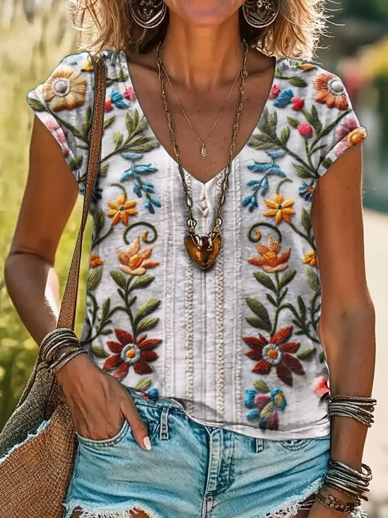 Women Floral Short Sleeve Tee T-shirt V Neck Printing Casual Summer Graphic Tee Top