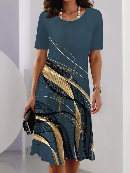 Women Abstract Short Sleeve Summer Printing Dress Crew Neck Daily Vintage Midi Tunic H-Line Dress