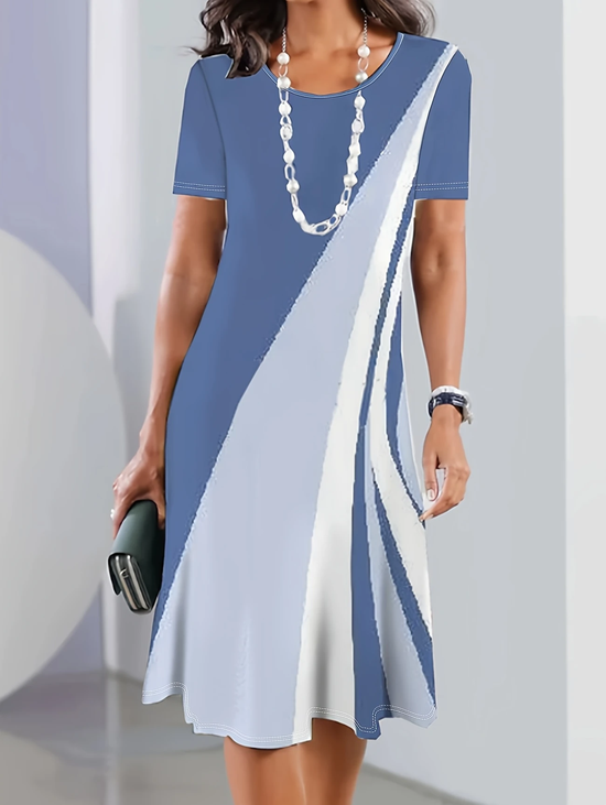 Women Abstract Short Sleeve Summer Printing Dress Crew Neck Daily Vintage Midi Tunic H-Line Dress