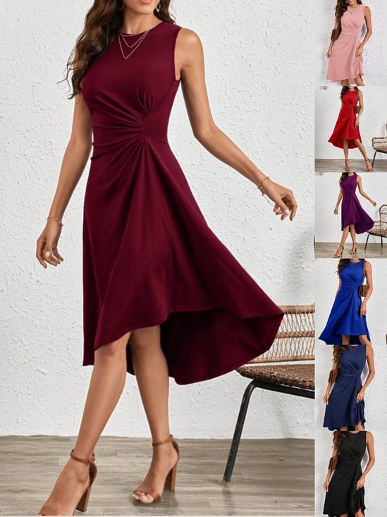 Women Plain Sleeveless Summer Split Joint Dress Crew Neck Daily Vintage Midi Tank A-Line Dress