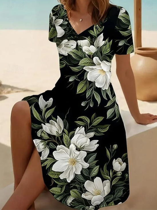 Women Floral Short Sleeve Summer Printing Dress V Neck Daily Casual Midi Fit & Flare Dress A-Line Dress