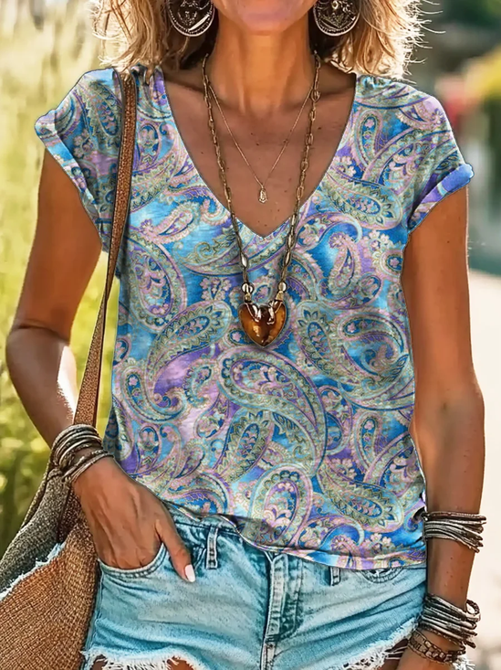 Women Paisley Short Sleeve Tee T-shirt V Neck Printing Casual Summer Graphic Tee Top