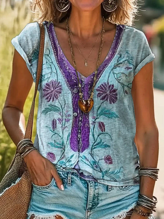Women Floral Short Sleeve Tee T-shirt V Neck Printing Casual Summer Graphic Tee Top
