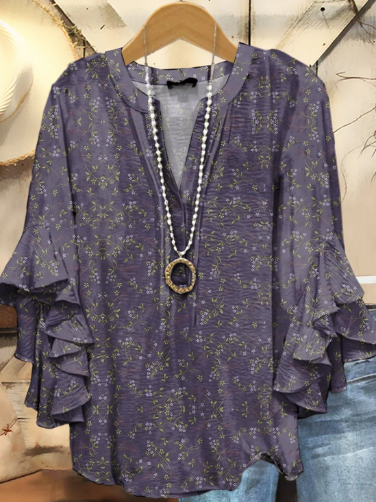 Women Floral Half Sleeve Shirt Summer Printing V Neck Daily Casual Top