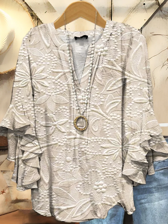 Women Floral Half Sleeve Shirt Summer Printing V Neck Daily Casual Top