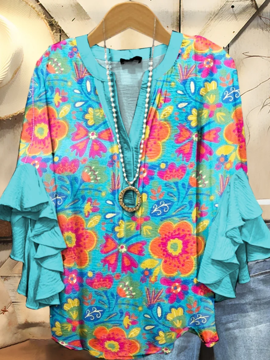 Women Floral Half Sleeve Shirt Summer Printing V Neck Daily Casual Top
