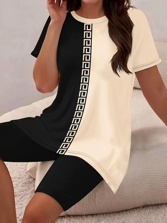 Women Geometric Printing Two-Piece Set Daily Short Sleeve Casual Summer Top With Pants Matching Set