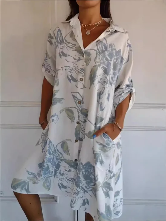 Women Floral Half Sleeve Summer Printing Dress Stand Collar Daily Vintage Midi Tank A-Line Dress