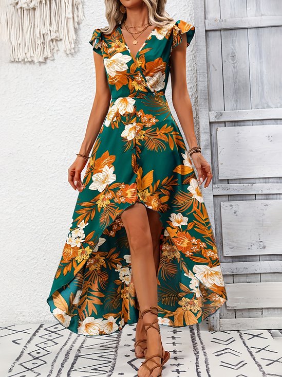 Women Plain Short Sleeve Summer Printing Dress V Neck Ruffle Sleeve Daily Vintage Maxi Tank A-Line Dress