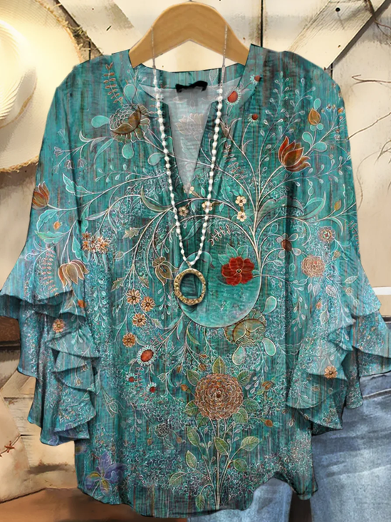 Women Floral Half Sleeve Shirt Summer Printing V Neck Daily Casual Top