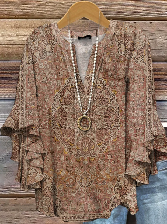 Women Floral Half Sleeve Shirt Summer Printing V Neck Daily Casual Top