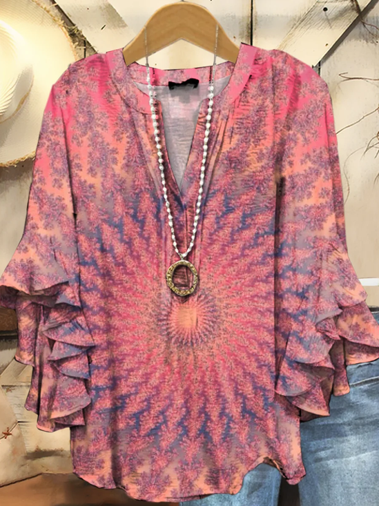 Women Tie-Dye Pattern Half Sleeve Shirt Summer Printing V Neck Daily Casual Top