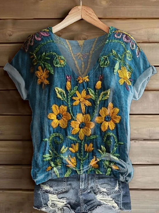 Women Floral Short Sleeve Tee T-shirt V Neck Printing Casual Summer Graphic Tee Top