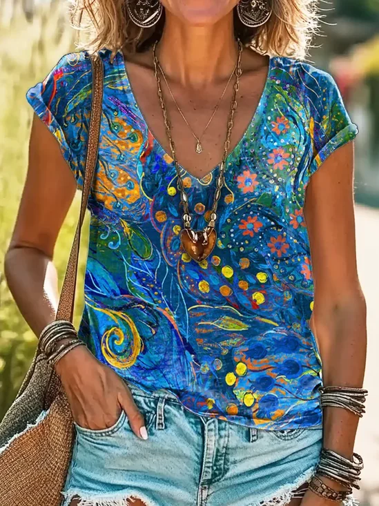 Women Abstract Short Sleeve Tee T-shirt V Neck Printing Casual Summer Graphic Tee Top