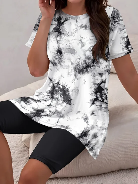 Women Abstract Printing Two-Piece Set Daily Short Sleeve Casual Summer Top With Pants Matching Set