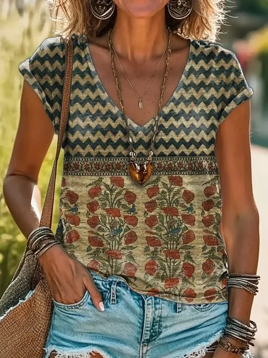 Women Floral Short Sleeve Tee T-shirt V Neck Printing Casual Summer Graphic Tee Top